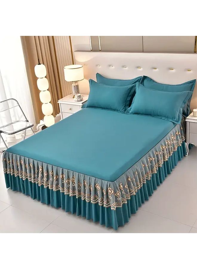 Navy Blue Lace Bed Skirt Set With Pillowcases Mattress Protector Non Slip Sheet - Image 2